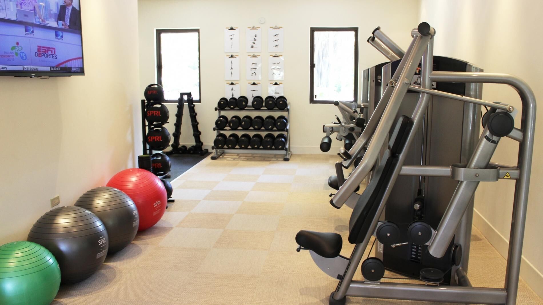 Une salle de sport équipée de matériel d’exercice, notamment un tapis de course, des appareils de musculation et différents ballons d’exercice.