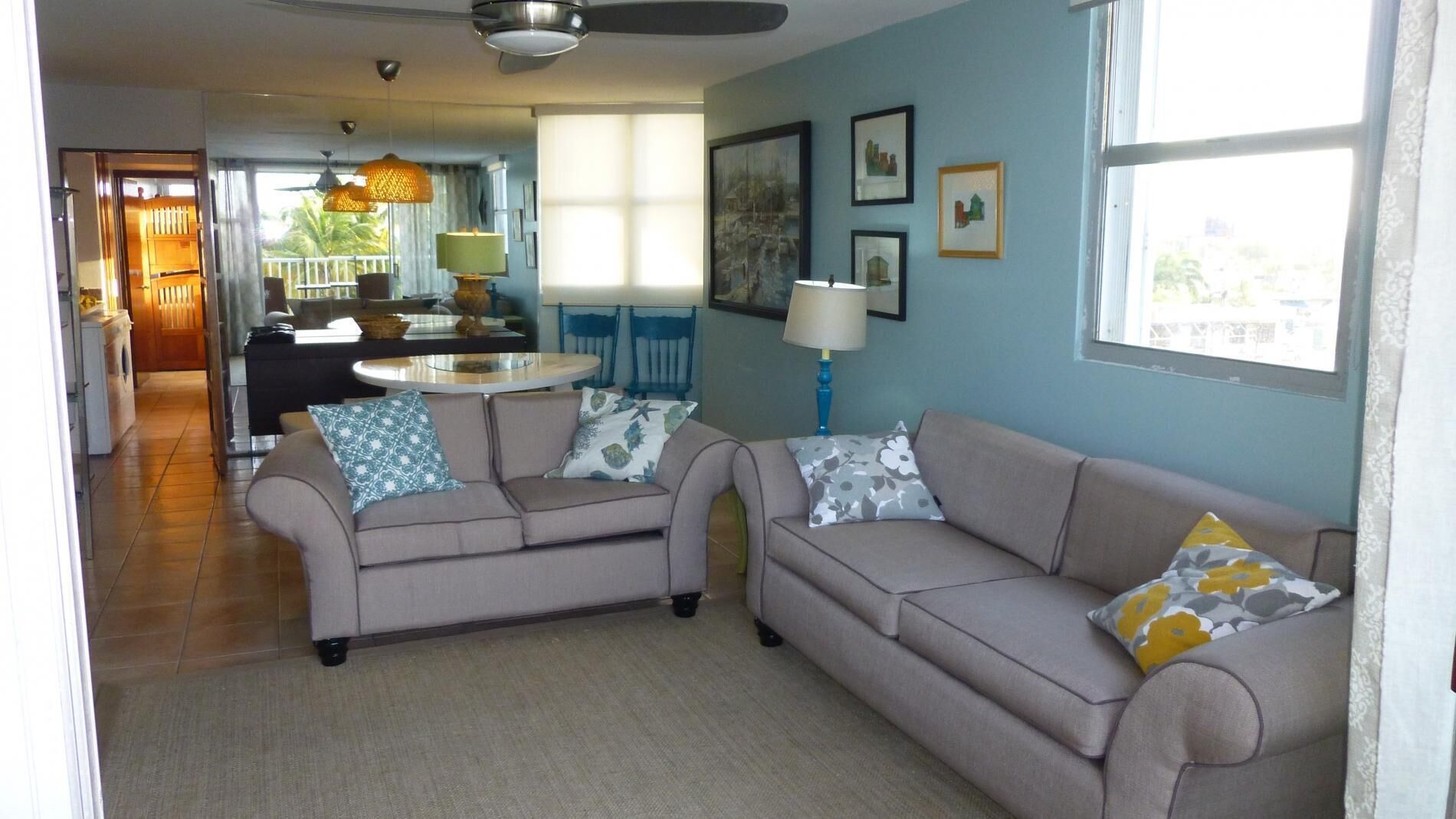 A living room with two sofas, a dining table, and a kitchen in the background.