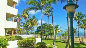 A resort with a white building, palm trees, and a view of the ocean. - Crystal Blue (Luquillo)