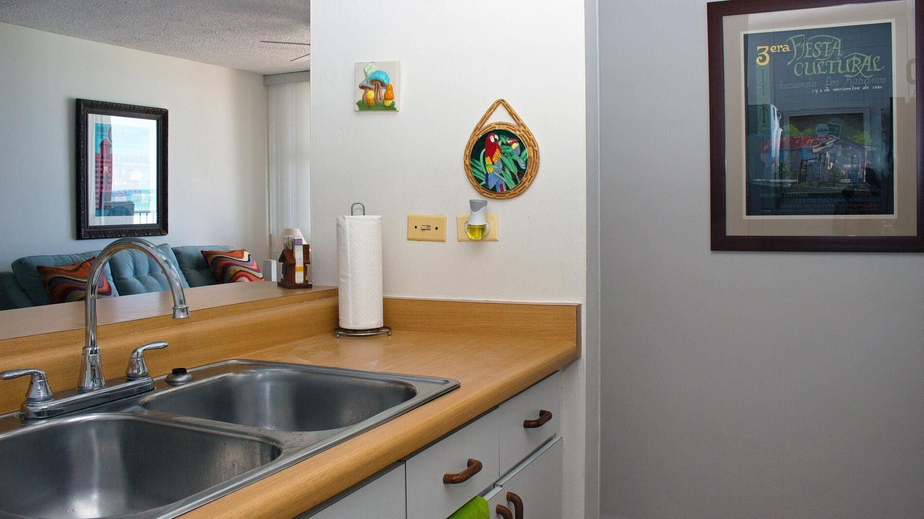 Une cuisine dotée de deux éviers en acier inoxydable, d’un plan de travail en bois, d’un panier suspendu aux motifs colorés et d’un tableau encadré accroché au mur.