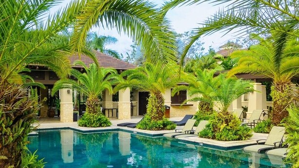 A pool area with palm trees and lounge chairs. - Villa Margarita (Río Grande)