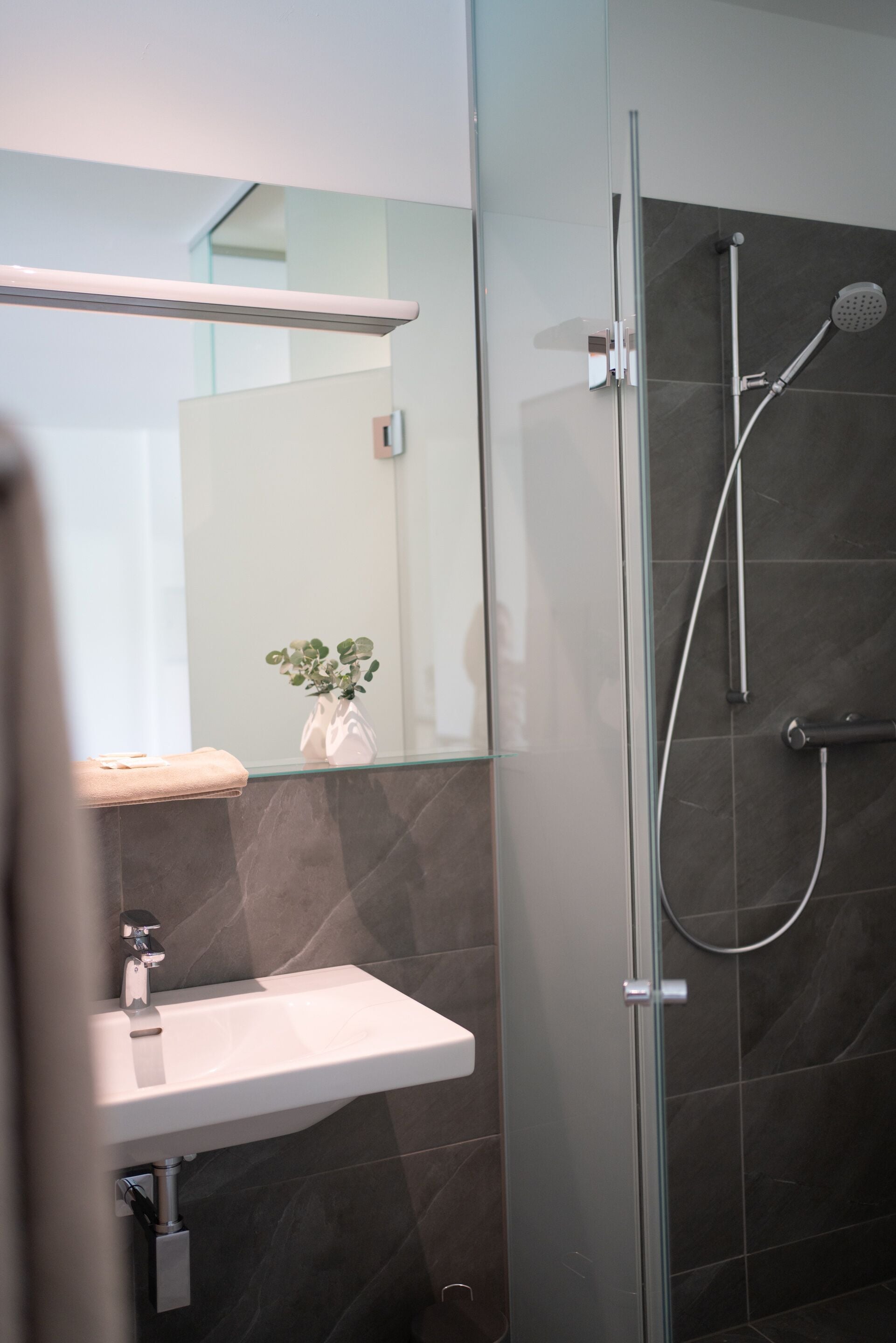 Un baño moderno con ducha de vidrio, lavamanos blanco y un espejo que refleja un jarrón con plantas verdes.