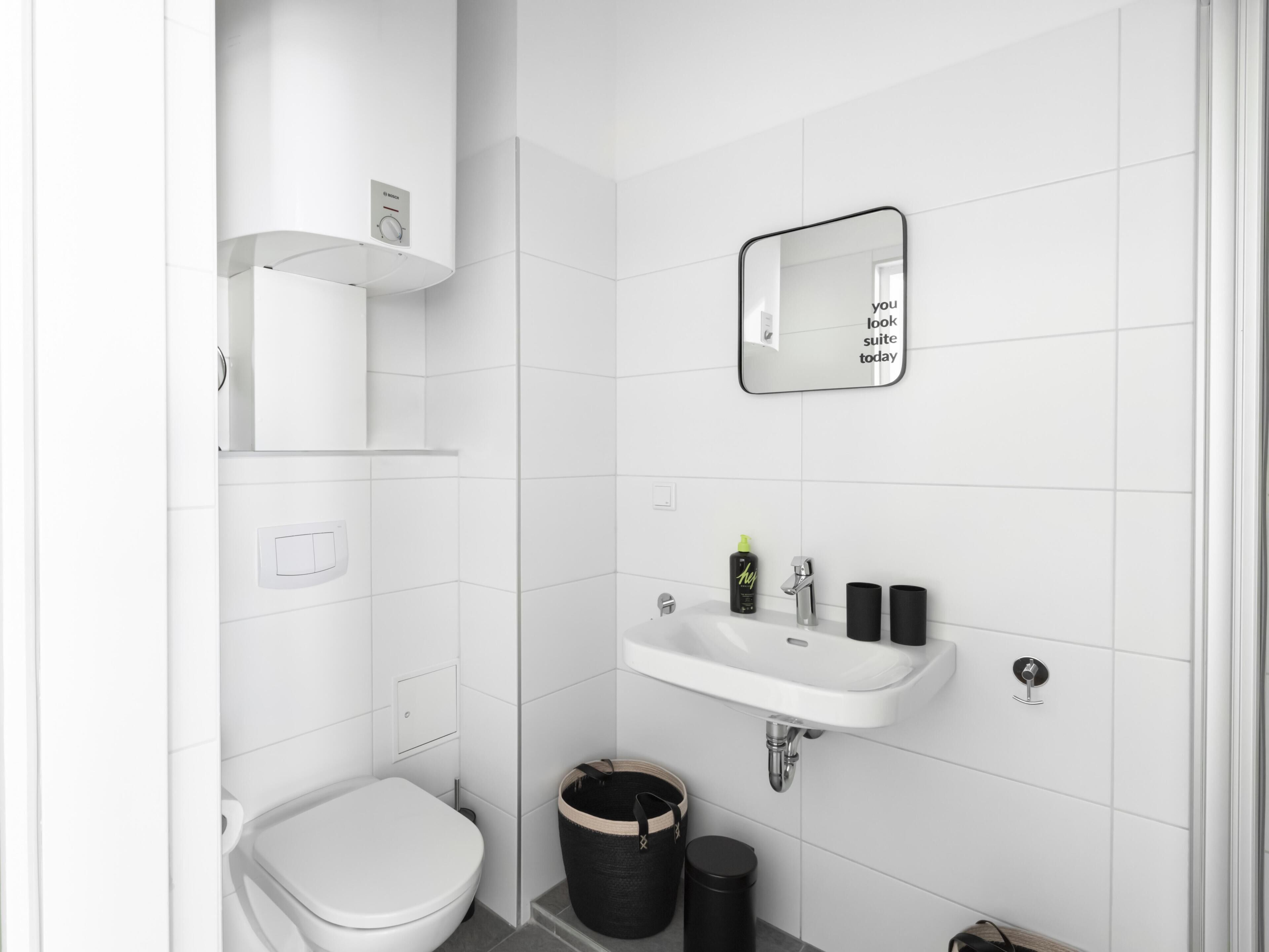 A modern bathroom with a toilet, sink, and mirror.