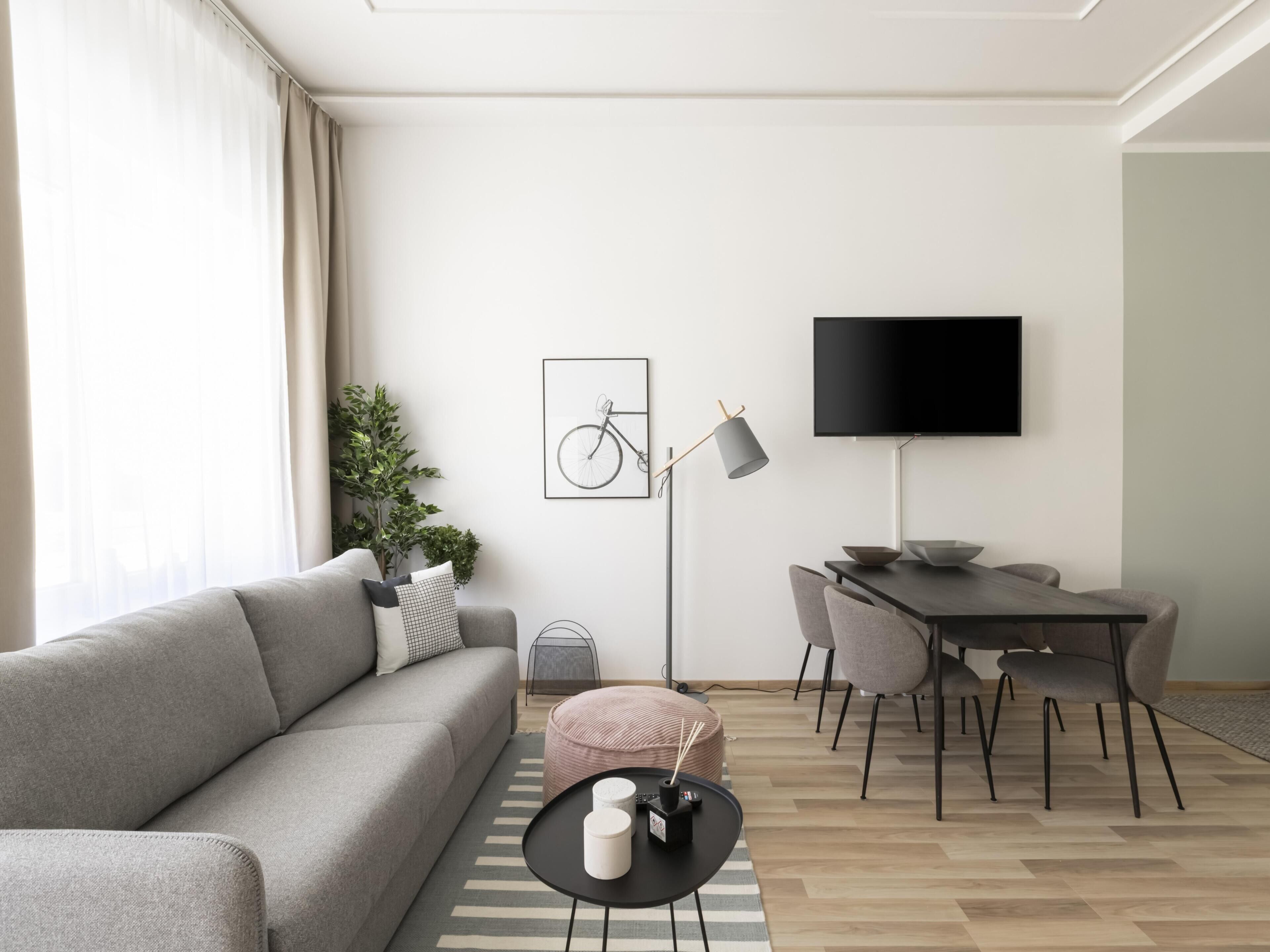 A modern living room with a grey sofa, a dining table with chairs, a black TV, and a framed bicycle artwork on the wall.