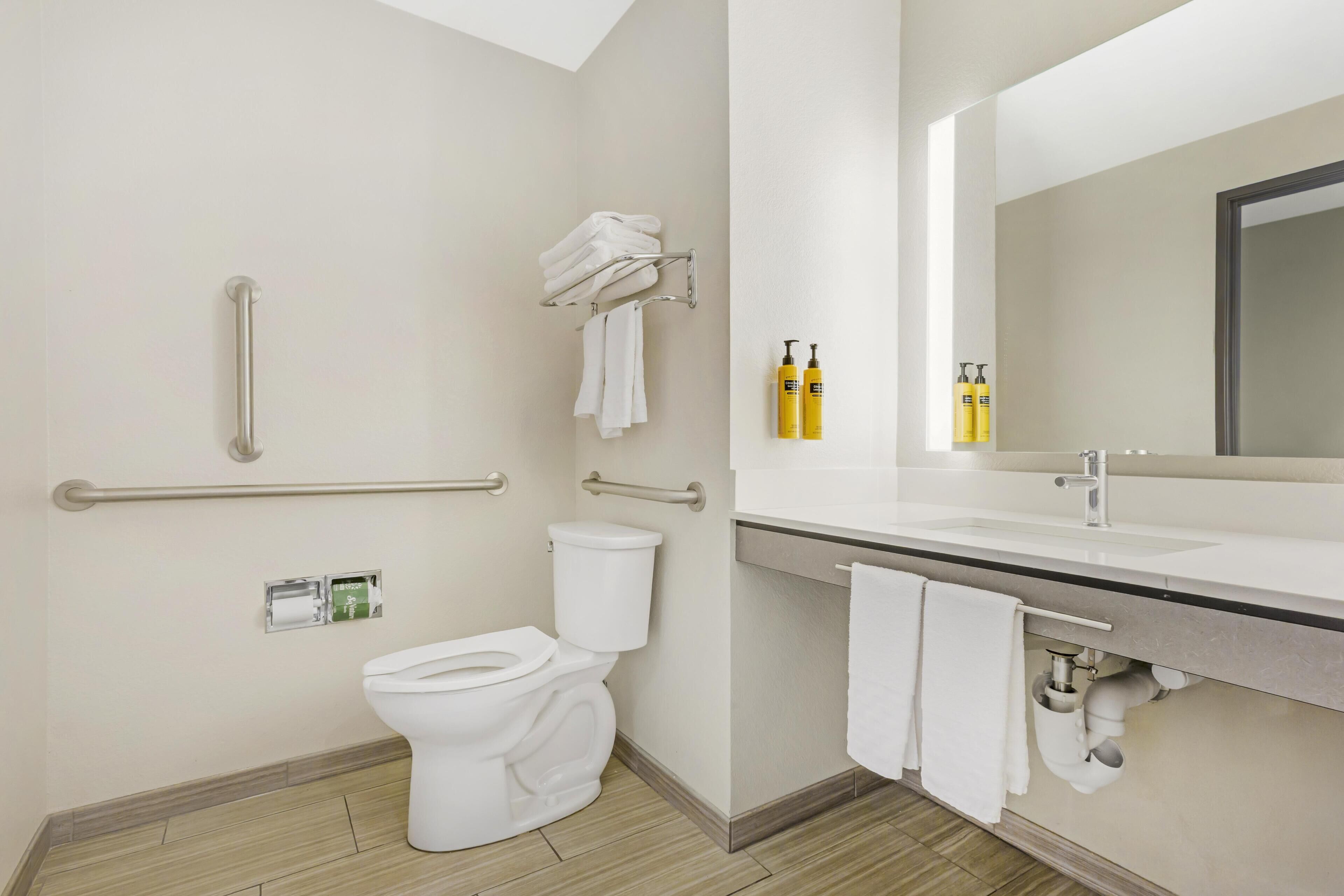 A modern bathroom with a toilet, handrails, a sink, and a mirror.