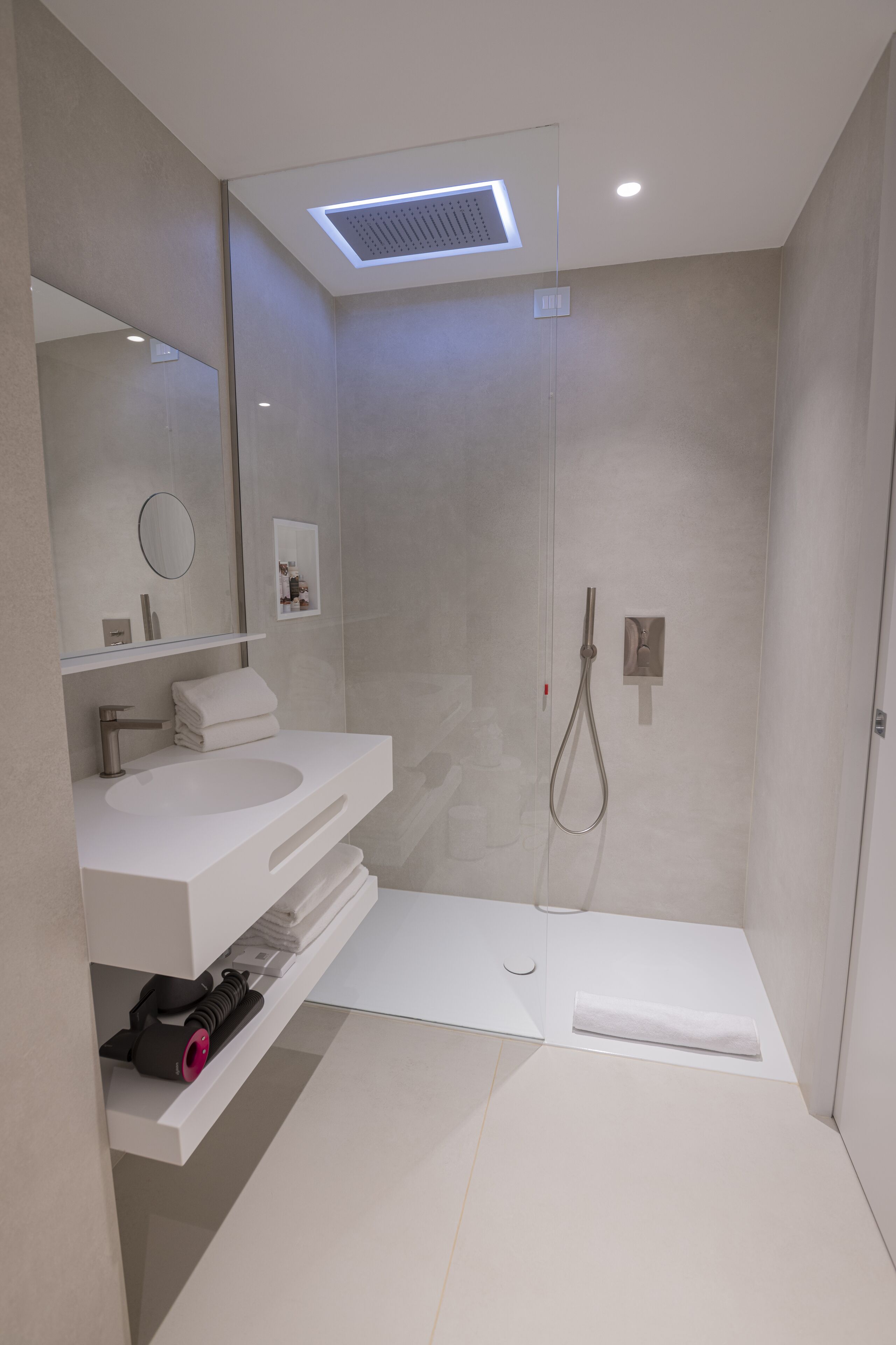 shower, rainfall showerhead, hair dryer, bathrobes