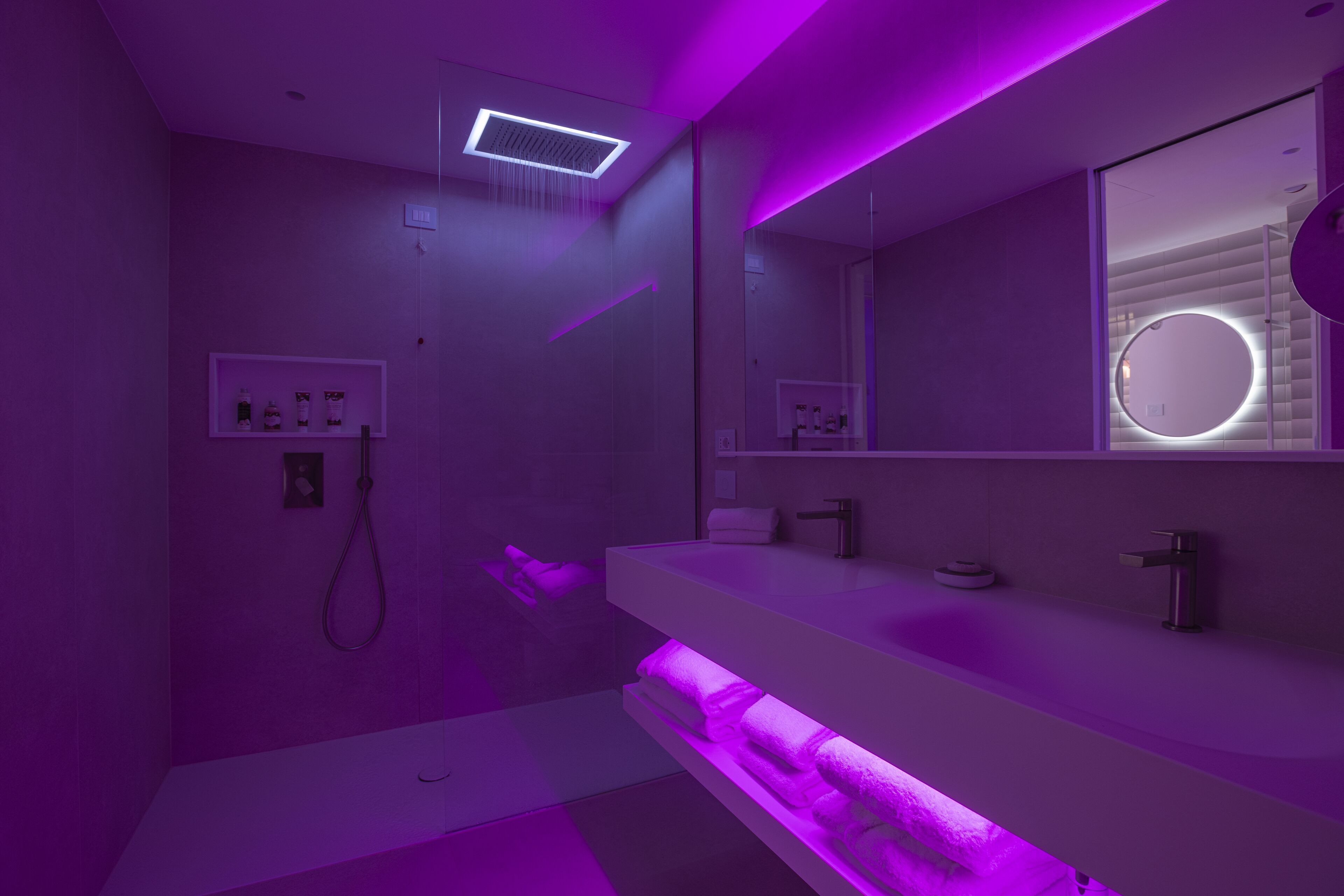 shower, rainfall showerhead, hair dryer, bathrobes