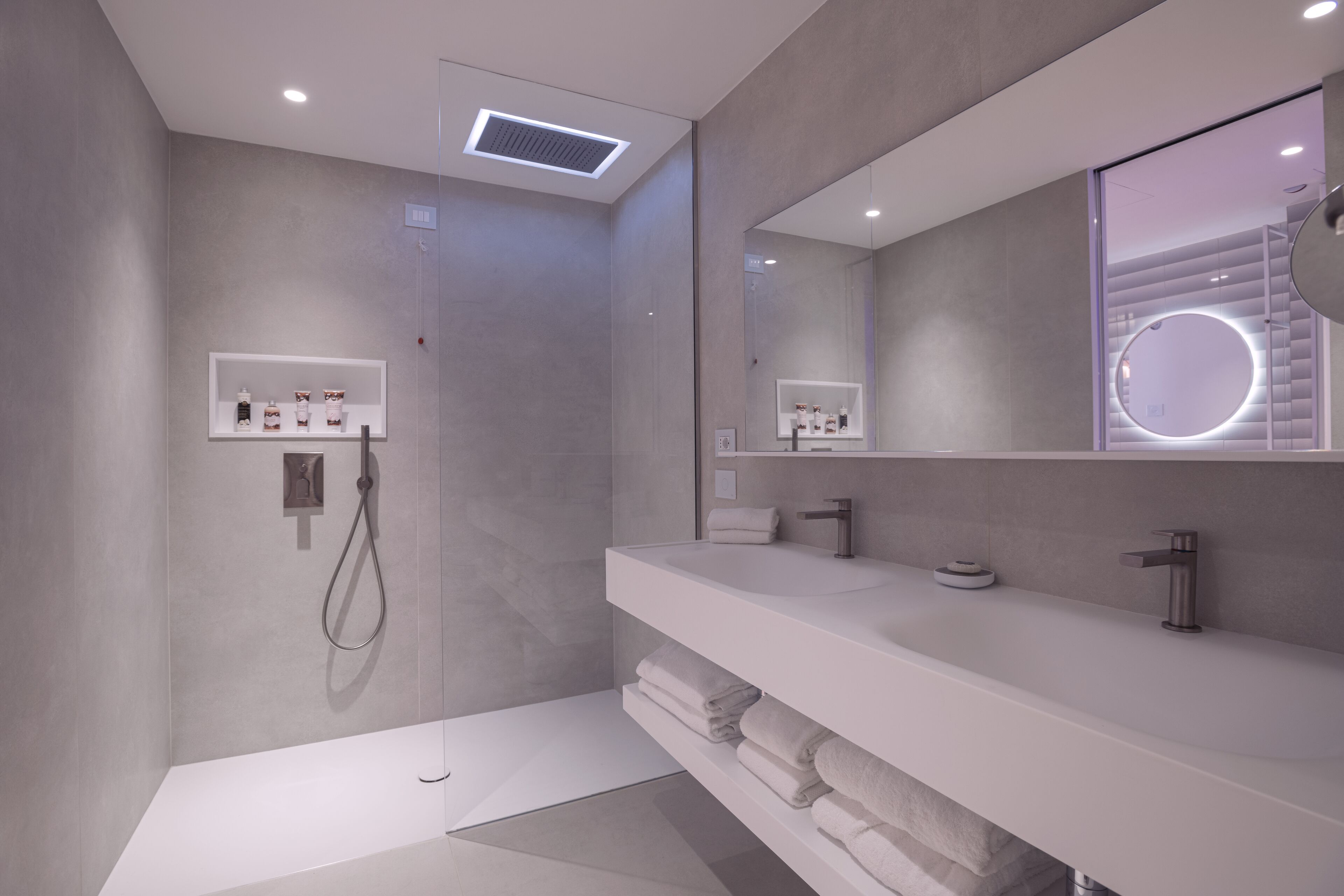 shower, rainfall showerhead, hair dryer, bathrobes