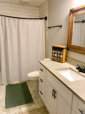 Combined shower/tub, hair dryer, towels, shampoo