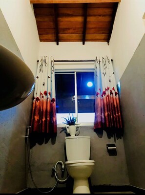 Shower, rainfall showerhead, towels, toilet paper