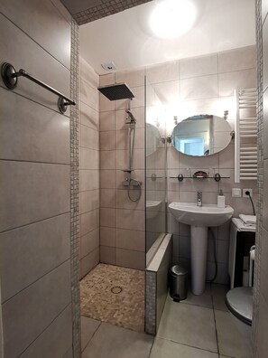 Double Room (Sainte-Suzanne) | Bathroom | Shower, hair dryer, towels, soap