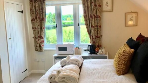 A bedroom with a bed, a window with curtains, a microwave, and a bedside table with a kettle. - Bron Hafren (Montgomery)