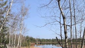A wooden deck overlooking a lake with birch trees and a grassy area. - Untere Kapfenhardter Mühle (Schoemberg)