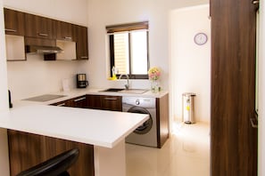 Fridge, oven, stovetop, electric kettle