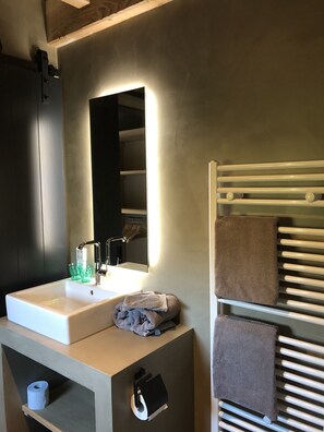 Shower, hair dryer, towels
