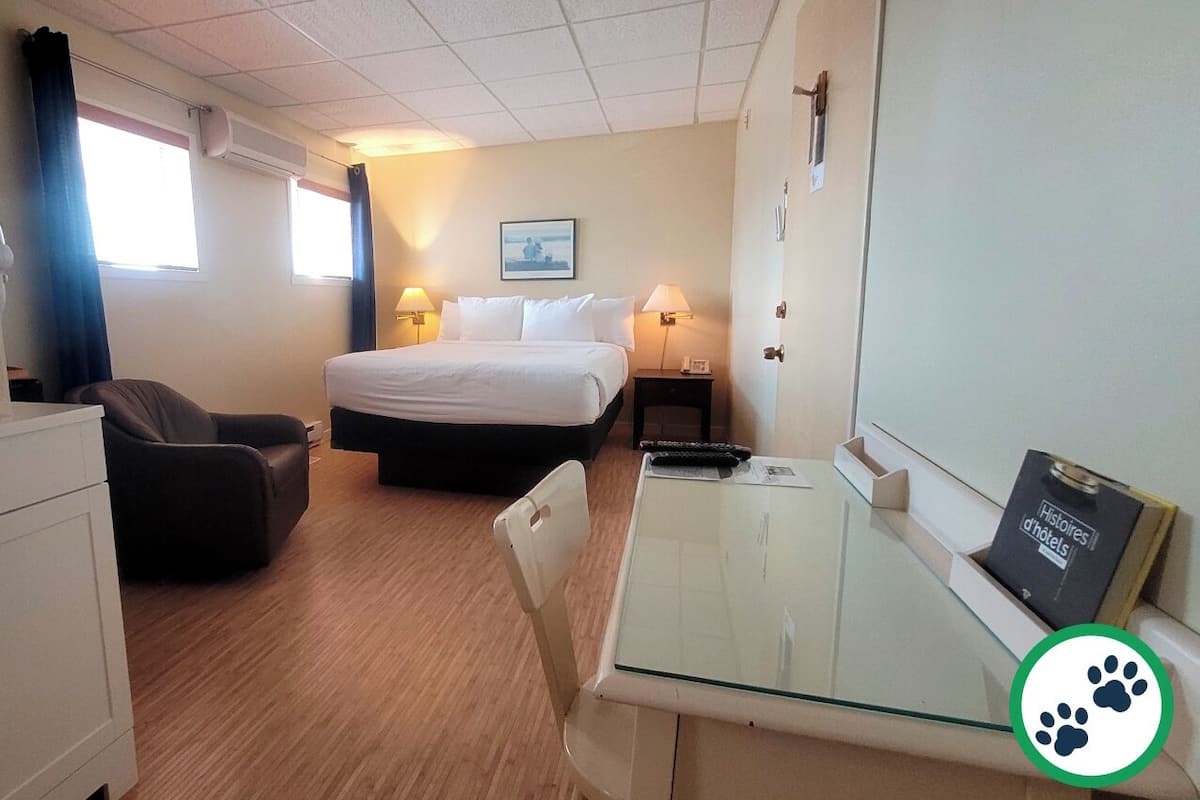 Ein Hotelzimmer mit einem Bett, einem Schreibtisch, einem Stuhl, einem kleinen Tisch und einem Wandregal.