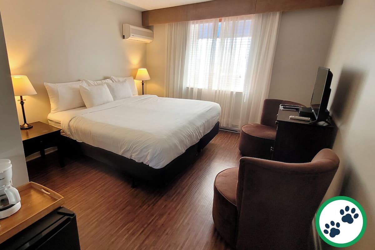 Ein Hotelzimmer mit Bett, Schreibtisch, Kaffeemaschine, Stuhl und Fernseher.