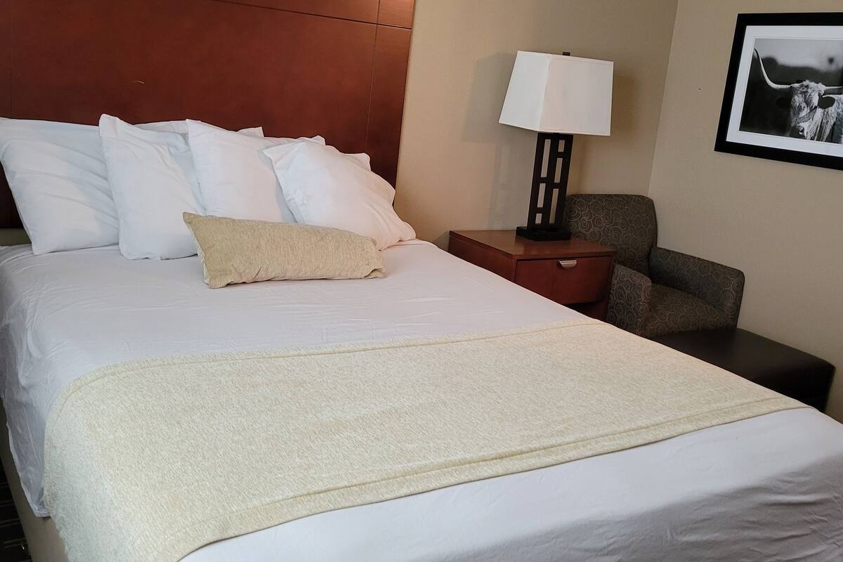 A hotel room with a large bed, a nightstand with a lamp, a chair, and a framed picture on the wall.