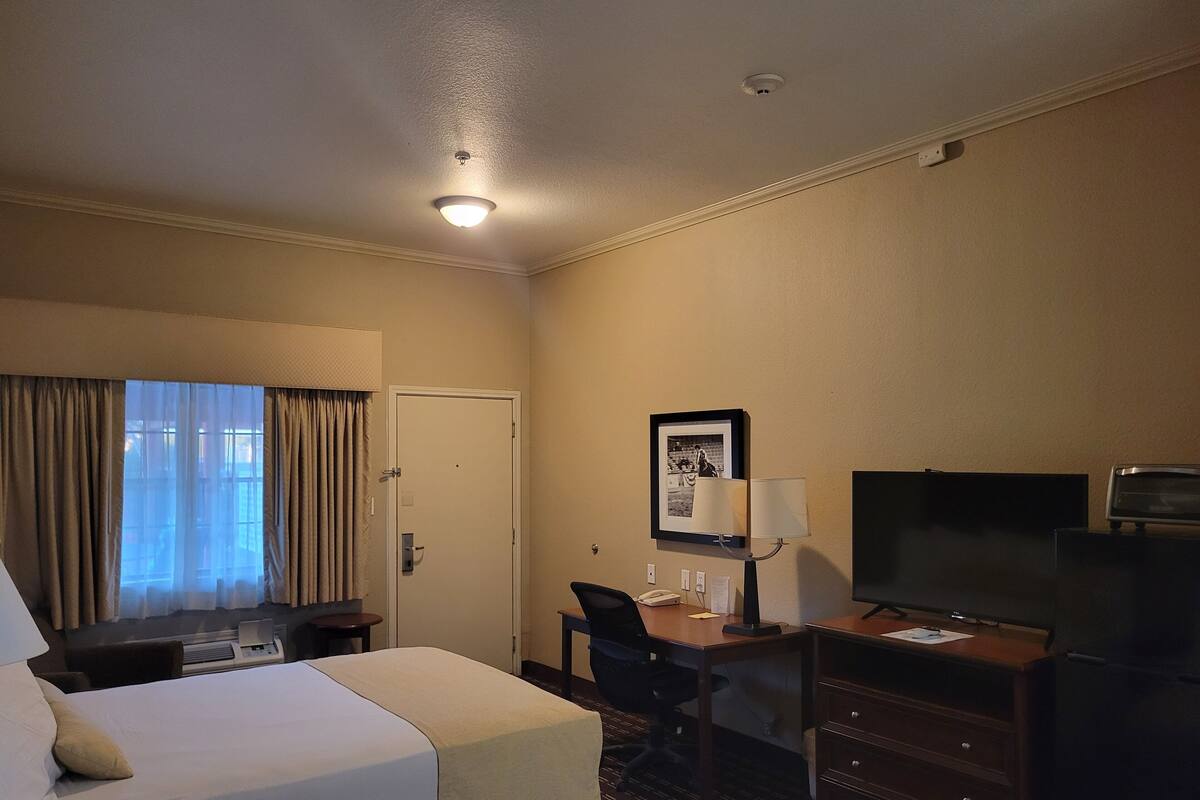 A hotel room with two beds, a desk with a chair, a television, and a framed picture on the wall.