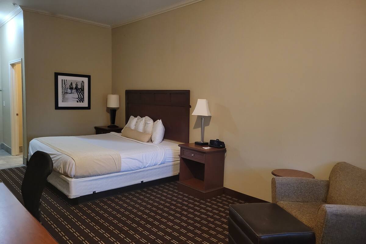 A hotel room with a bed, bedside tables, a desk, a chair, and a patterned carpet.
