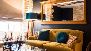 Smart TV, fireplace, DVD player, books