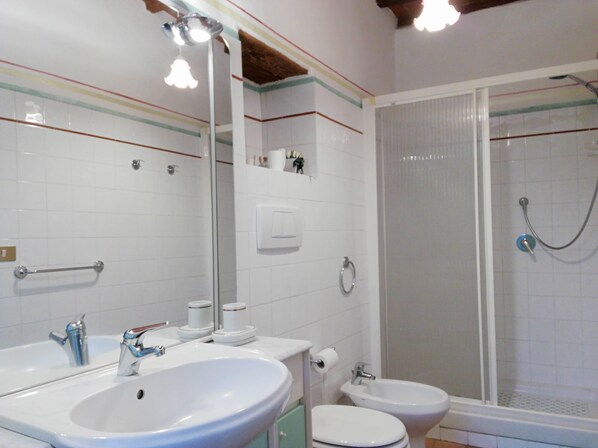 A bathroom with a sink, toilet, bidet, and shower. - Historic residence at the well (San Quirico d'Orcia)
