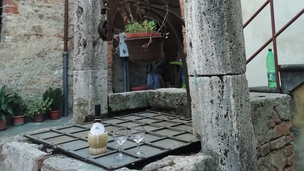 Une structure en pierre située à l’extérieur, agrémentée d’une plante suspendue, d’une petite table avec une bouteille et des verres, ainsi que de plantes en pot.