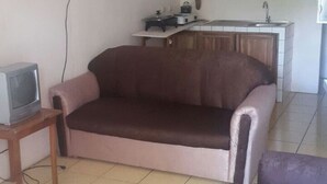 Olohuoneessa on ruskea sohva, pieni puinen pöytä, jonka päällä on televisio, ja taustalla näkyy keittiötila.