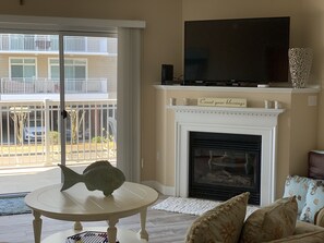 Smart TV, fireplace, DVD player, books