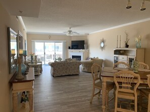 Smart TV, fireplace, DVD player, books