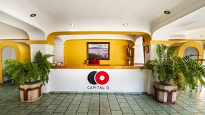 A reception area with a white reception desk, a framed picture above the desk, and potted plants on either side. - Capital O Colón,  Ciudad Guzmán Jalisco (Zapotlán el Grande)