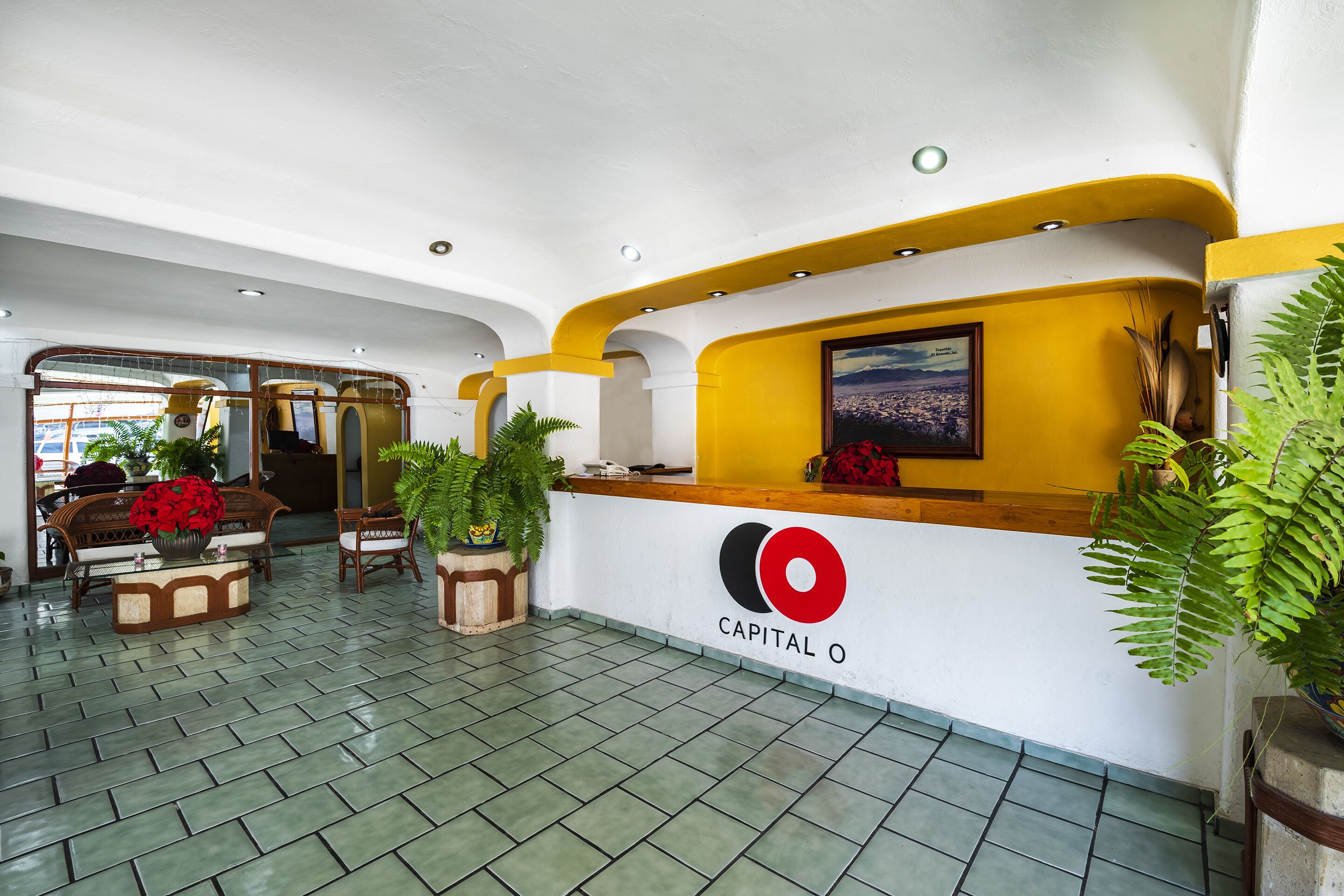 A reception area with a white and yellow color scheme, a reception desk, and potted plants.
