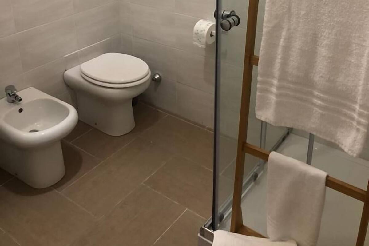 A bathroom with a toilet, bidet, and glass shower enclosure.