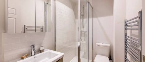 A modern bathroom with a glass shower enclosure, a white sink, and a toilet.