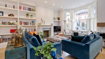 TV, fireplace, books