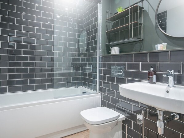 Combined shower/tub, hair dryer, towels, soap