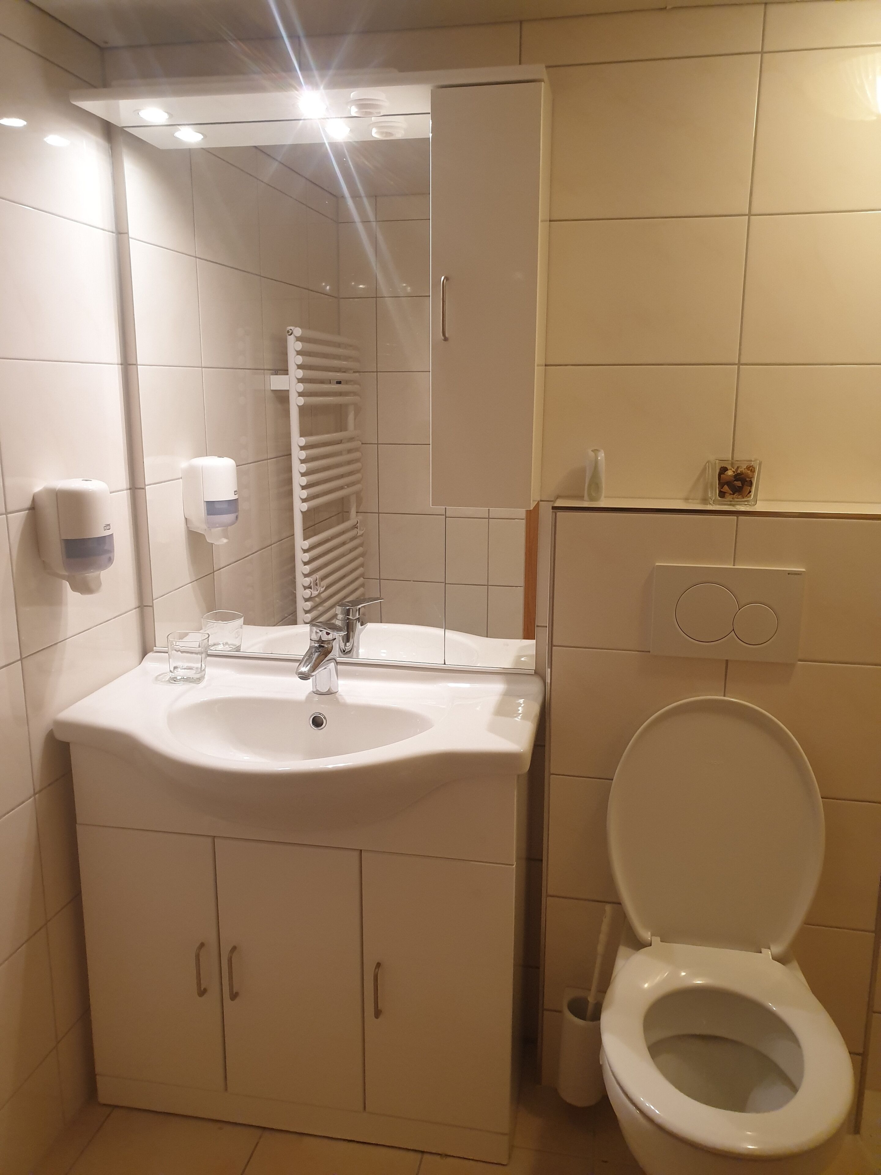 Une salle de bain avec un lavabo blanc, un miroir et des toilettes.