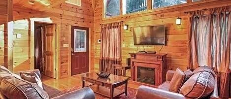 Cabin, Multiple Beds, Hot Tub | Living room | Fireplace