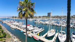 A marina with numerous boats docked, a palm tree, and a clear blue sky. - Oceanfront dining, shopping, Pool, spa, and sauna on site!- The Harbor Penthouse (Oceanside)