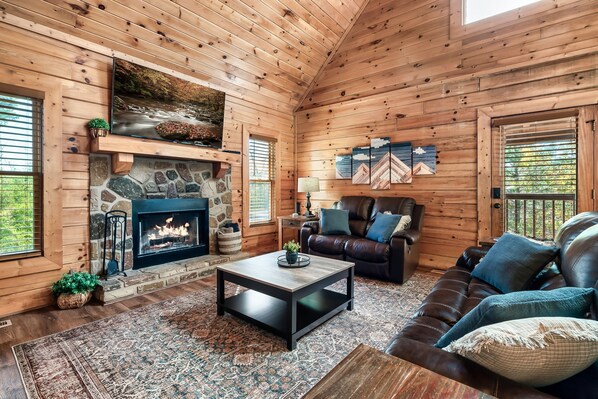 Smart TV, fireplace, video games, DVD player