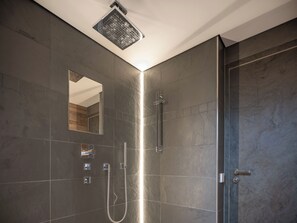 Shower, eco-friendly toiletries, hair dryer, towels