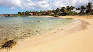 A beach with clear water, sandy shore, and palm trees. - Pili Mai 7B - 4 Bedroom Suite in Poipu Sleeps 8 AC, Pool, Fitness Center & More! (Koloa)