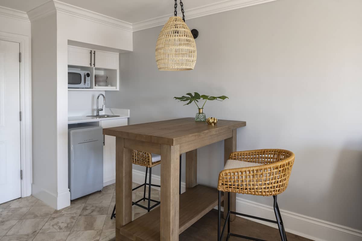 mini-fridge, microwave, high chair