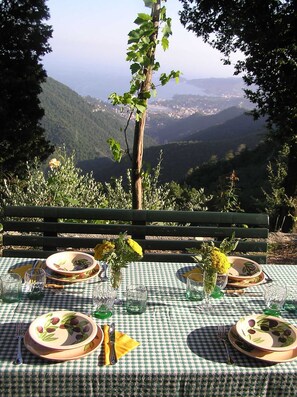 A table set outdoors with a scenic view of a valley and mountains in the background.