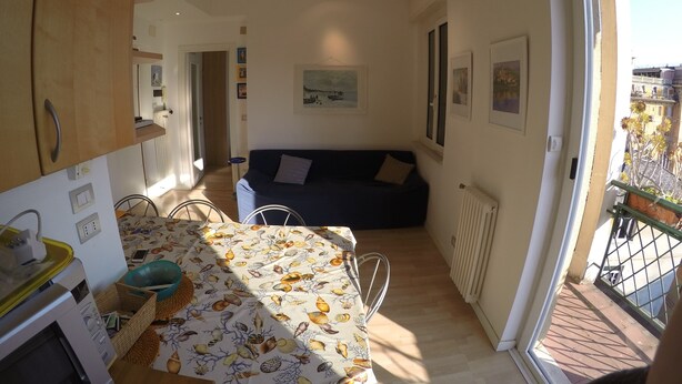 A compact living space with a dining area, a sofa, and a view of the outside.