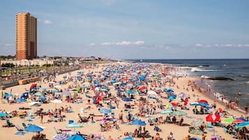Plage à proximité, chaises longues, serviettes de plage