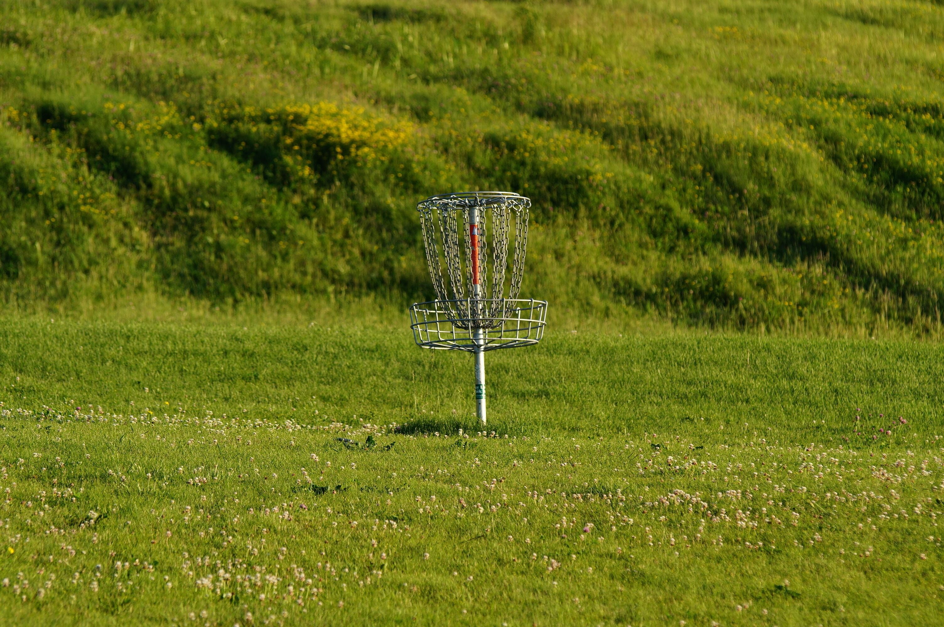 A metal disc golf basket in a grassy field.