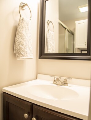 A bathroom with a white sink, a mirror, and two towels hanging on towel racks. - Waterfront Apartment - Directly on The Ohio River - Downstairs Unit (Jeffersonville)