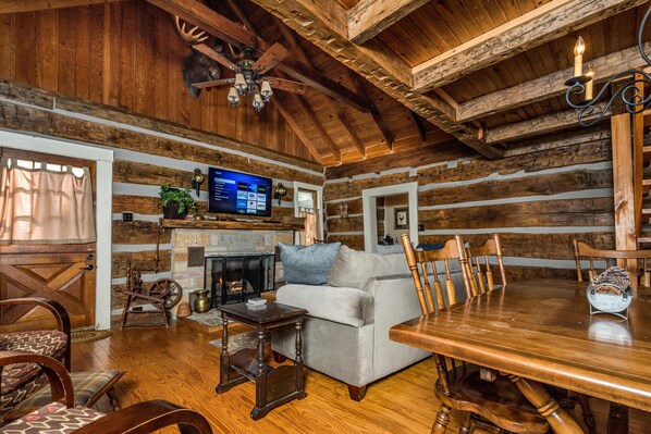 Televisión, chimenea, reproductor de DVD y futbolito 