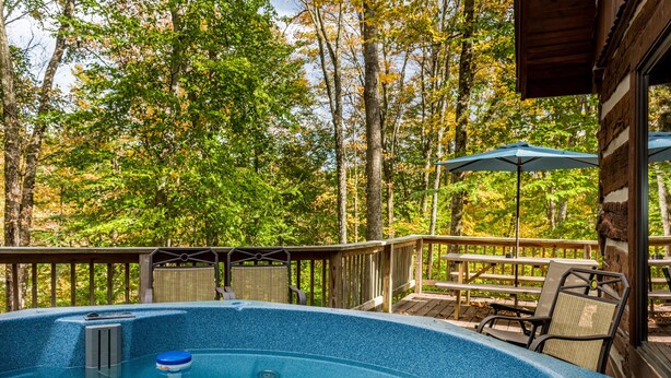 Un bain à remous sur une terrasse en bois, avec vue sur les arbres.